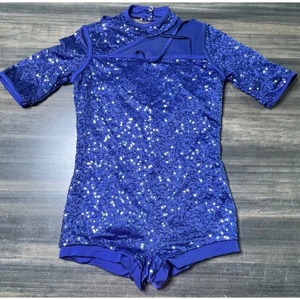 Weissman Sequin‎ Dance Romper Costume Leotard Blue Sparkle XLC